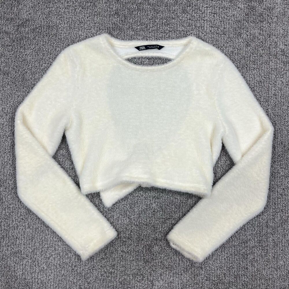 Zara Sweater Womens L Cream Fuzzy Open Back Bow Crop Long Sleeve Knit Cozy